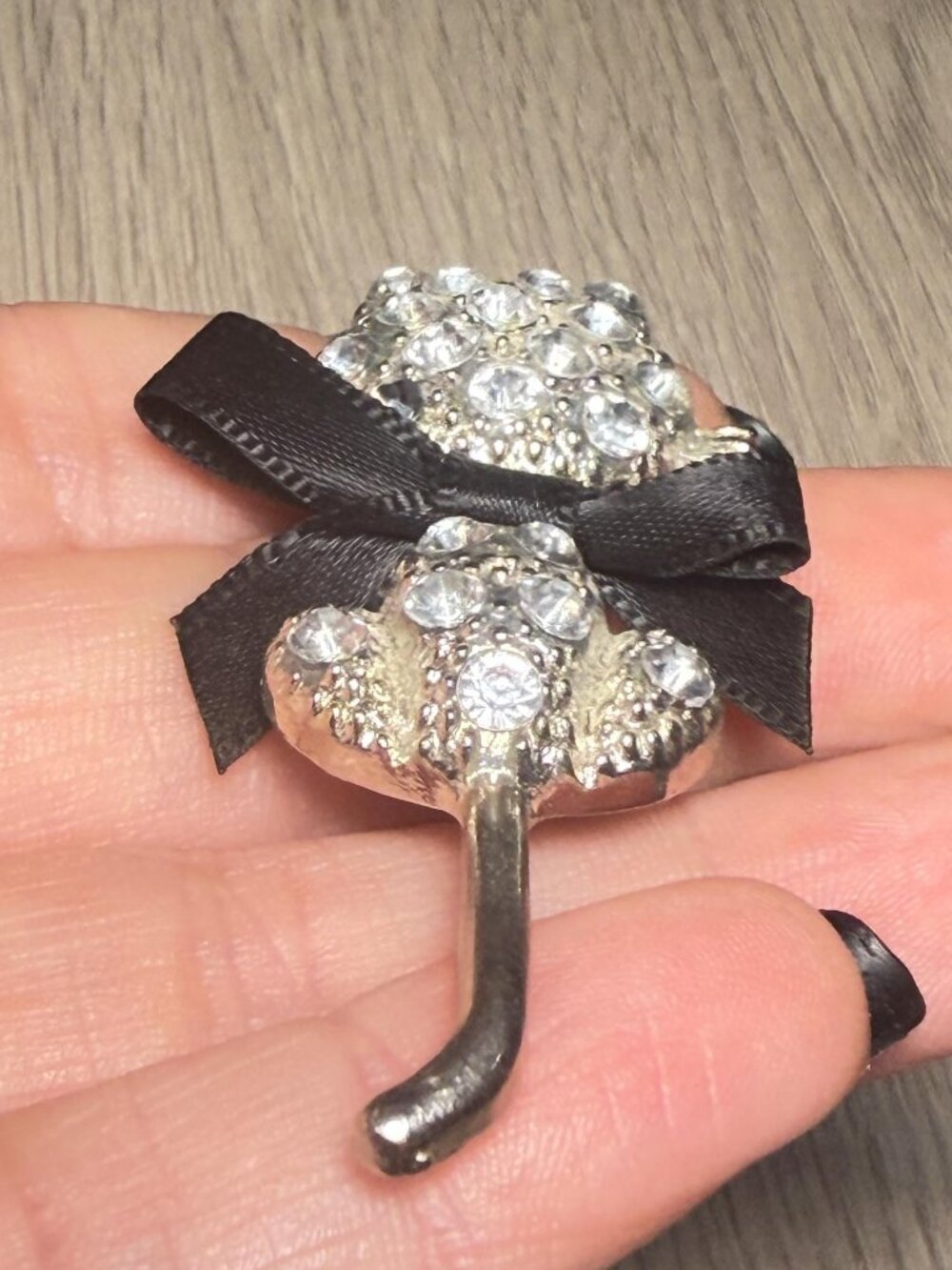 Cat Pendant OOAK Vintage Rhinestone  Black Bow Kitty Charm Silver Tone 2.5" - Picture 4 of 7